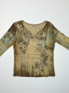 Jamee J Floral Script Graphic Teal and Tan Top 100% Cotton Womens Large Western